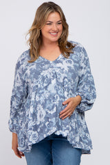 Navy Blue Floral V-Neck Maternity Plus Blouse