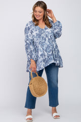 Navy Blue Floral V-Neck Maternity Plus Blouse