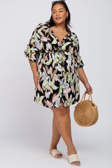 Black Floral Button Down Ruffle Plus Maternity Dress