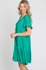 Green Flounce Sleeve Tiered Dress