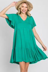 Green Flounce Sleeve Tiered Dress