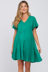 Green Flounce Sleeve Tiered Maternity Dress