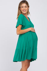 Green Flounce Sleeve Tiered Maternity Dress