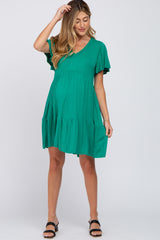 Green Flounce Sleeve Tiered Maternity Dress