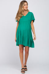 Green Flounce Sleeve Tiered Maternity Dress