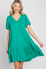 Green Flounce Sleeve Tiered Dress