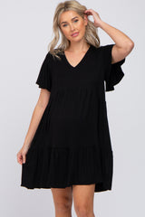 Black Flounce Sleeve Tiered Maternity Dress