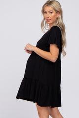 Black Flounce Sleeve Tiered Maternity Dress