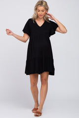 Black Flounce Sleeve Tiered Maternity Dress