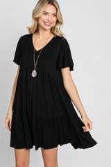 Black Flounce Sleeve Tiered Maternity Dress