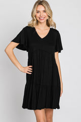 Black Flounce Sleeve Tiered Dress