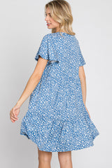 Blue Floral Ruffle Hem Dress