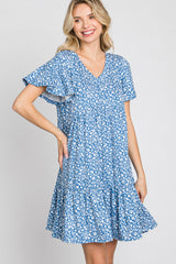 Blue Floral Ruffle Hem Dress