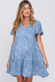 Blue Floral Ruffle Hem Maternity Dress