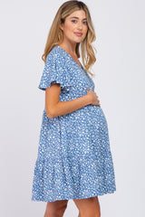 Blue Floral Ruffle Hem Maternity Dress