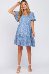 Blue Floral Ruffle Hem Maternity Dress