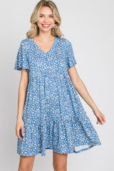 Blue Floral Ruffle Hem Maternity Dress