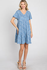 Blue Floral Ruffle Hem Dress