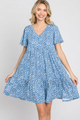 Blue Floral Ruffle Hem Dress