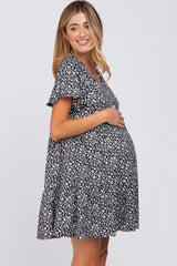 Black Floral Ruffle Hem Maternity Dress