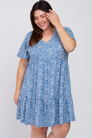 Blue Floral Ruffle Hem Plus Dress