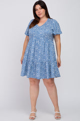 Blue Floral Ruffle Hem Plus Dress