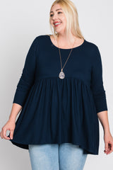 Navy Blue Babydoll Hi-Low Long Sleeve Plus Top