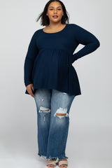 Navy Blue Babydoll Hi-Low Long Sleeve Maternity Plus Top