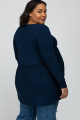 Navy Blue Babydoll Hi-Low Long Sleeve Maternity Plus Top