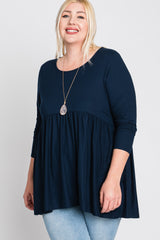 Navy Blue Babydoll Hi-Low Long Sleeve Maternity Plus Top