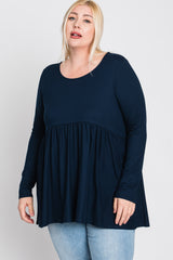 Navy Blue Babydoll Hi-Low Long Sleeve Plus Top