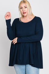 Navy Blue Babydoll Hi-Low Long Sleeve Plus Top