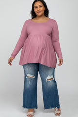 Pink Babydoll Hi-Low Long Sleeve Maternity Plus Top