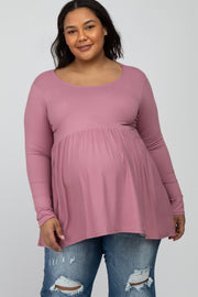 Pink Babydoll Hi-Low Long Sleeve Maternity Plus Top