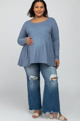 Grey Babydoll Hi-Low Long Sleeve Maternity Plus Top