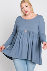 Grey Babydoll Hi-Low Long Sleeve Plus Top