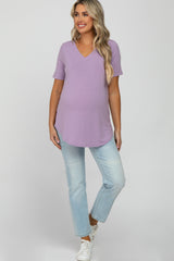 Lavender V-Neck Maternity Short Sleeve Round Hem Top