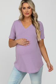 Lavender V-Neck Maternity Short Sleeve Round Hem Top