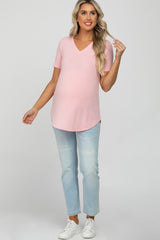 Light Pink V-Neck Maternity Short Sleeve Round Hem Top