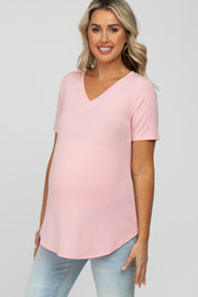 Light Pink V-Neck Maternity Short Sleeve Round Hem Top