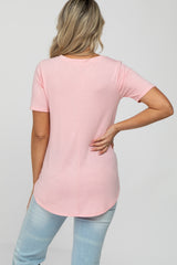 Light Pink V-Neck Maternity Short Sleeve Round Hem Top