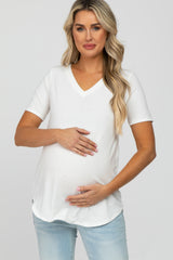 Ivory V-Neck Maternity Short Sleeve Round Hem Top