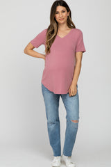 Dark Pink V-Neck Maternity Short Sleeve Round Hem Top