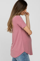 Dark Pink V-Neck Maternity Short Sleeve Round Hem Top