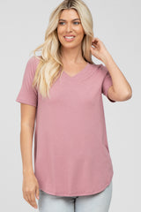 Dark Pink V-Neck Maternity Short Sleeve Round Hem Top