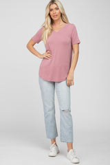 Dark Pink V-Neck Short Sleeve Round Hem Top