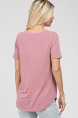 Dark Pink V-Neck Short Sleeve Round Hem Top