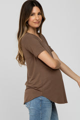 Brown V-Neck Maternity Short Sleeve Round Hem Top