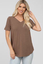 Brown V-Neck Short Sleeve Round Hem Top