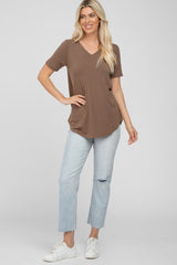 Brown V-Neck Short Sleeve Round Hem Top